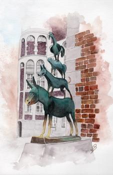 Poster DIN-A4 Aquarell Maritim Kunst Druck Kunstdruck Bremen Bremer Stadtmusikanten Nordsee Souvenir Souvenirs